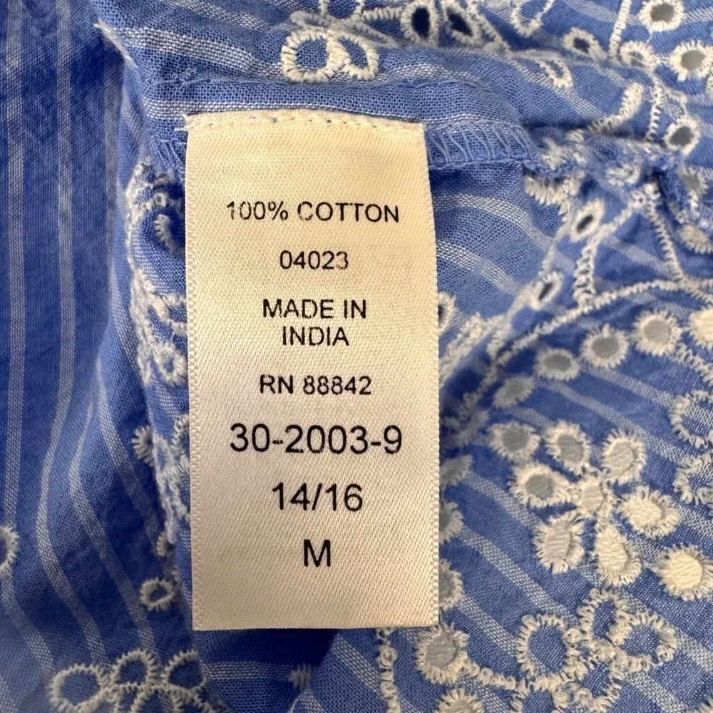 Woman Within Tunic Women 14/16 M Blue 3/4‎ Sleeve Striped Eyelet Cotton Babydoll